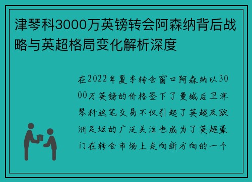 津琴科3000万英镑转会阿森纳背后战略与英超格局变化解析深度