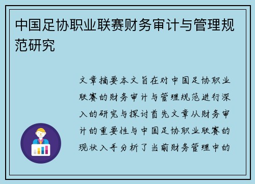 中国足协职业联赛财务审计与管理规范研究