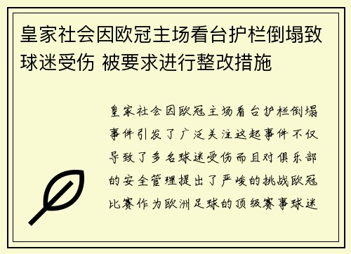 皇家社会因欧冠主场看台护栏倒塌致球迷受伤 被要求进行整改措施
